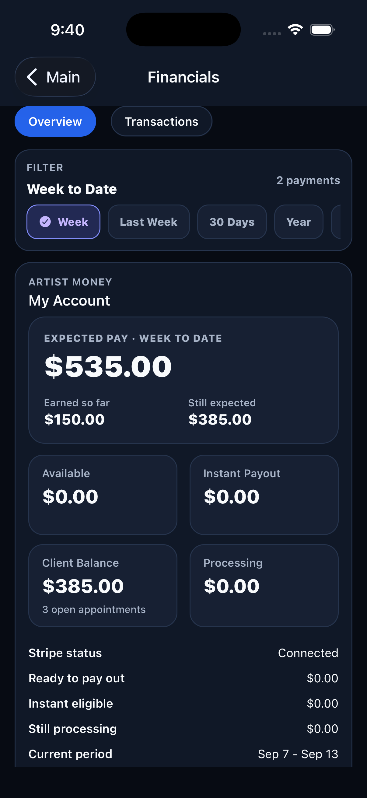 InkSchedule payments and financial reporting screen